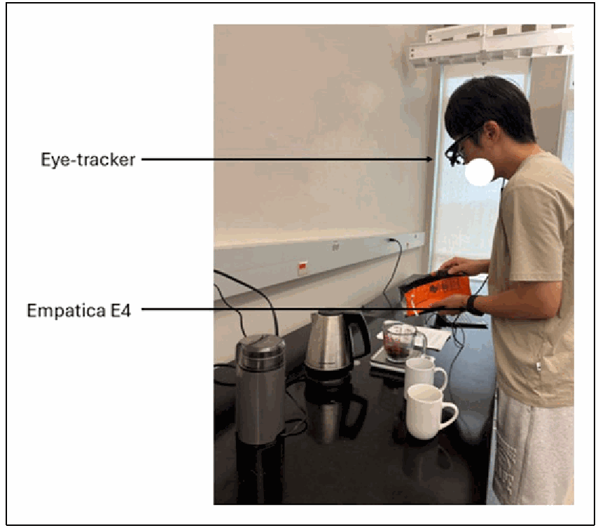 Participant wearing physiological sensors while preparing pour-over coffee