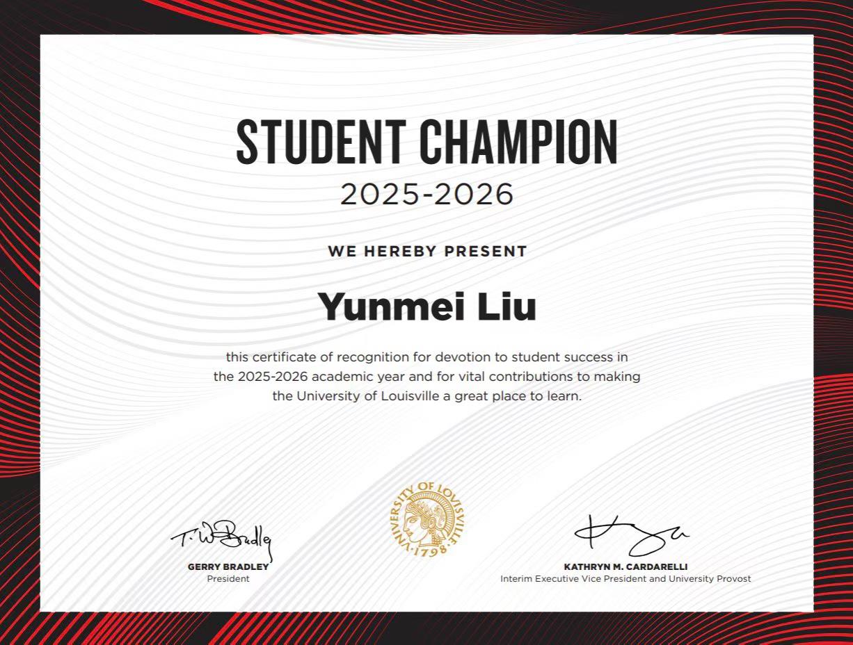 Dr. Yunmei Liu receiving University of Louisville Student Champion recognition